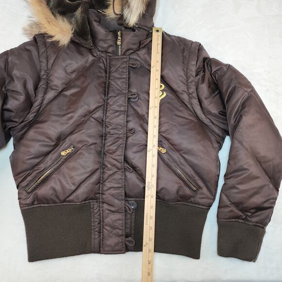 Vintage Y2k Rocawear Jacket Womens XL Down Filled Fur Trim Brown Bomber Brown - Picture 13 of 14